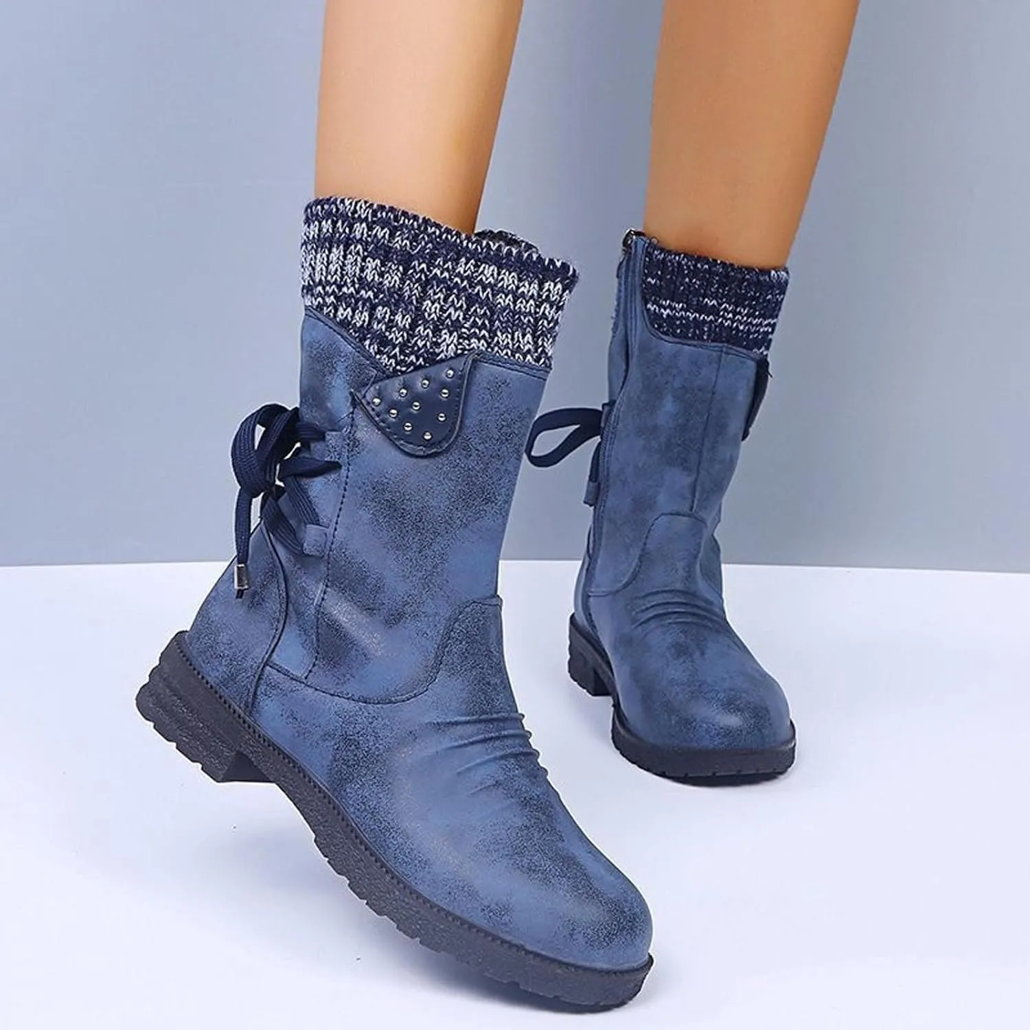 oiangi Womens Winter Boots 2022 Fashion Round Toe Lace Up Side Zipper Wool Patchwork Warm Block Low Heel Mid Calf Boots Solid Casual Western Boots Shoes