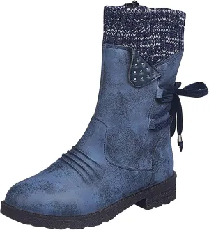 oiangi Womens Winter Boots 2022 Fashion Round Toe Lace Up Side Zipper Wool Patchwork Warm Block Low Heel Mid Calf Boots Solid Casual Western Boots Shoes