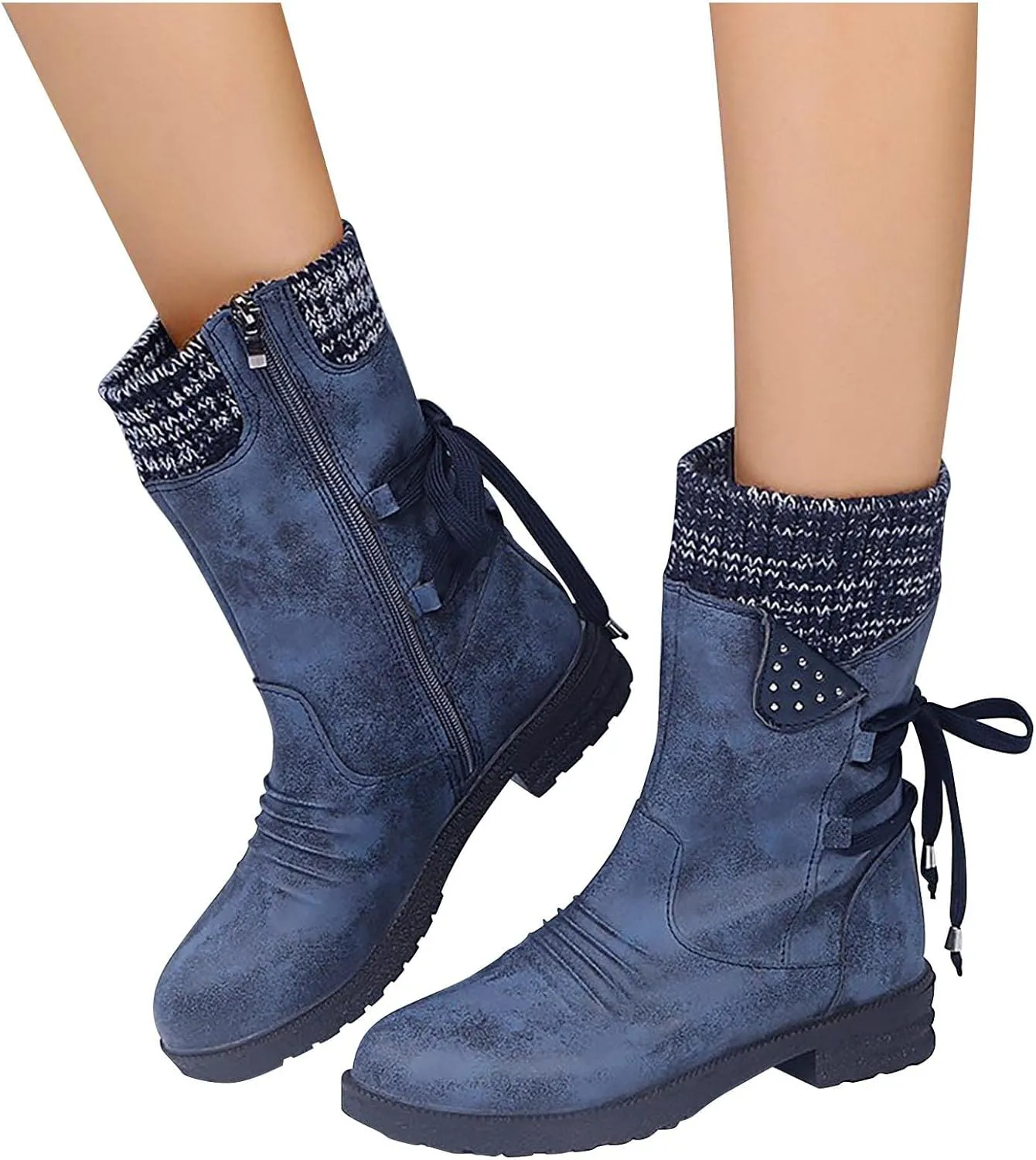 oiangi Womens Winter Boots 2022 Fashion Round Toe Lace Up Side Zipper Wool Patchwork Warm Block Low Heel Mid Calf Boots Solid Casual Western Boots Shoes