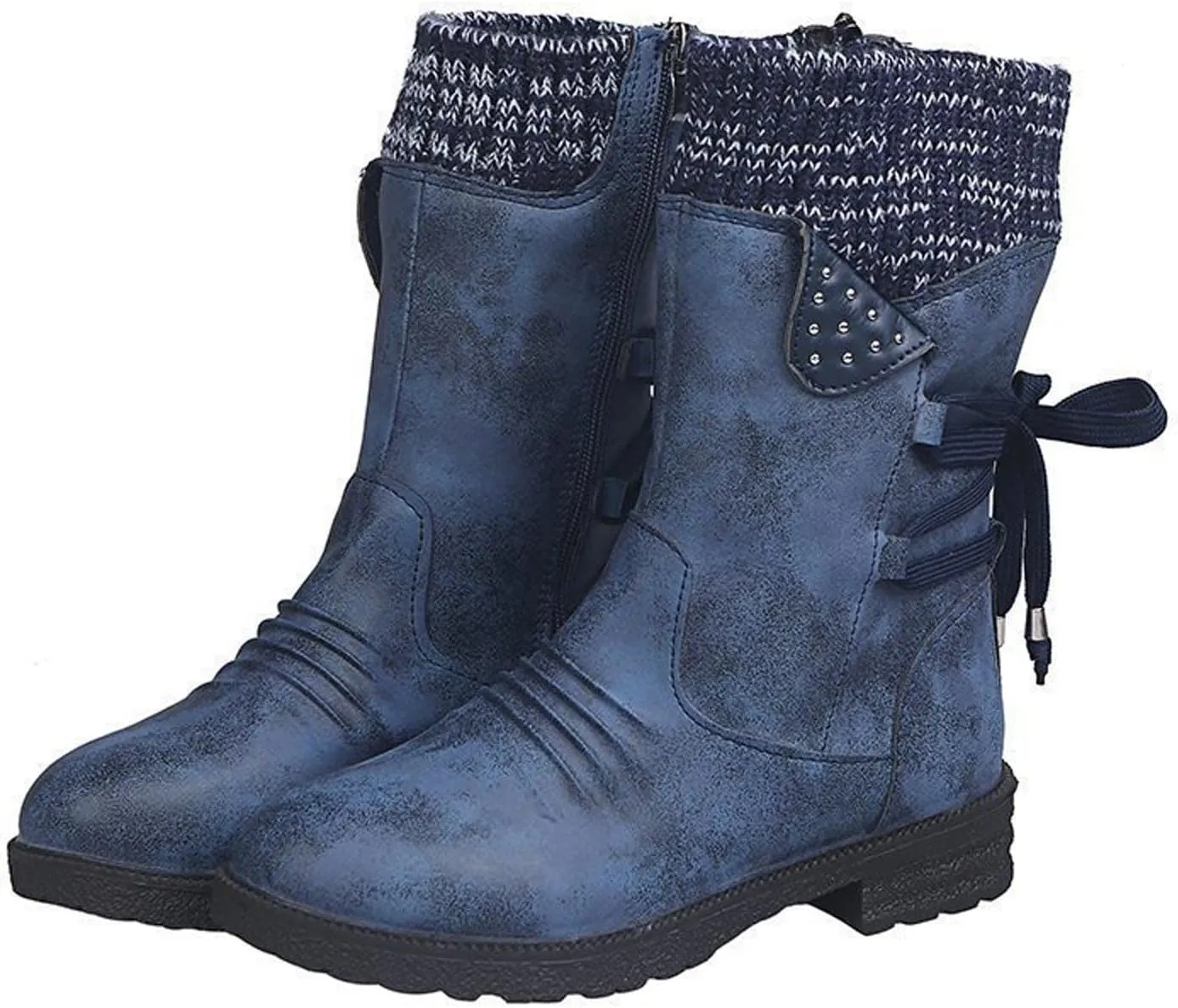 oiangi Womens Winter Boots 2022 Fashion Round Toe Lace Up Side Zipper Wool Patchwork Warm Block Low Heel Mid Calf Boots Solid Casual Western Boots Shoes