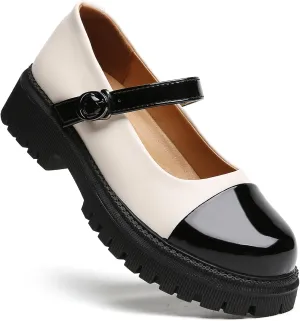 OKJ Platform Mary Janes for Women, Black Mary Jane Shoes Women Low Heels Matte Comfortable Flats Chunky Mary Janes for Women, Round Toe Dressy Casual Teens Kawaii Work Shoes