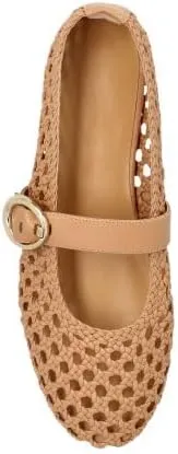 OMLISHZTY Women's Woven Ballet Flats with Gold Buckle Strap - Round Toe Versatile Slip-Ons for Dressy & Casual Occasions