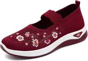 Orthopedic Shoes for Women Flower Embroidered Slip On Casual Woven Flat Loafers Breathable Soft Shoe Diabetic Walking Sneakers Comfortable Non Slip Work Sneaker with Arch Support
