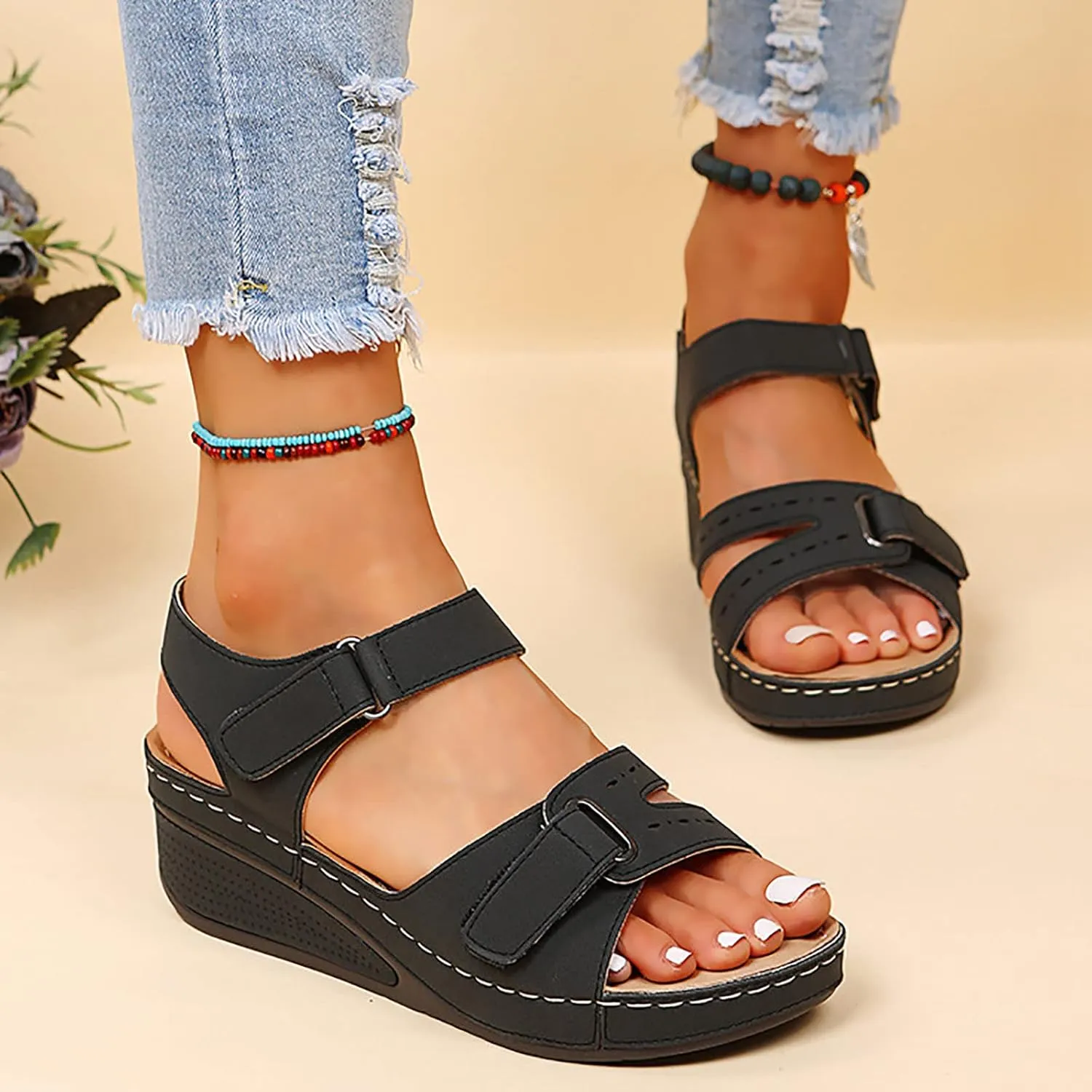 Orthopedic Wedge Sandals for Women 2025 Summer Dressy Open Toe Strap Platform Wedge Sandals Casual Strappy Slip on Sandals Summer Comfortable Outdoor Shoes Beach Boho Vacation