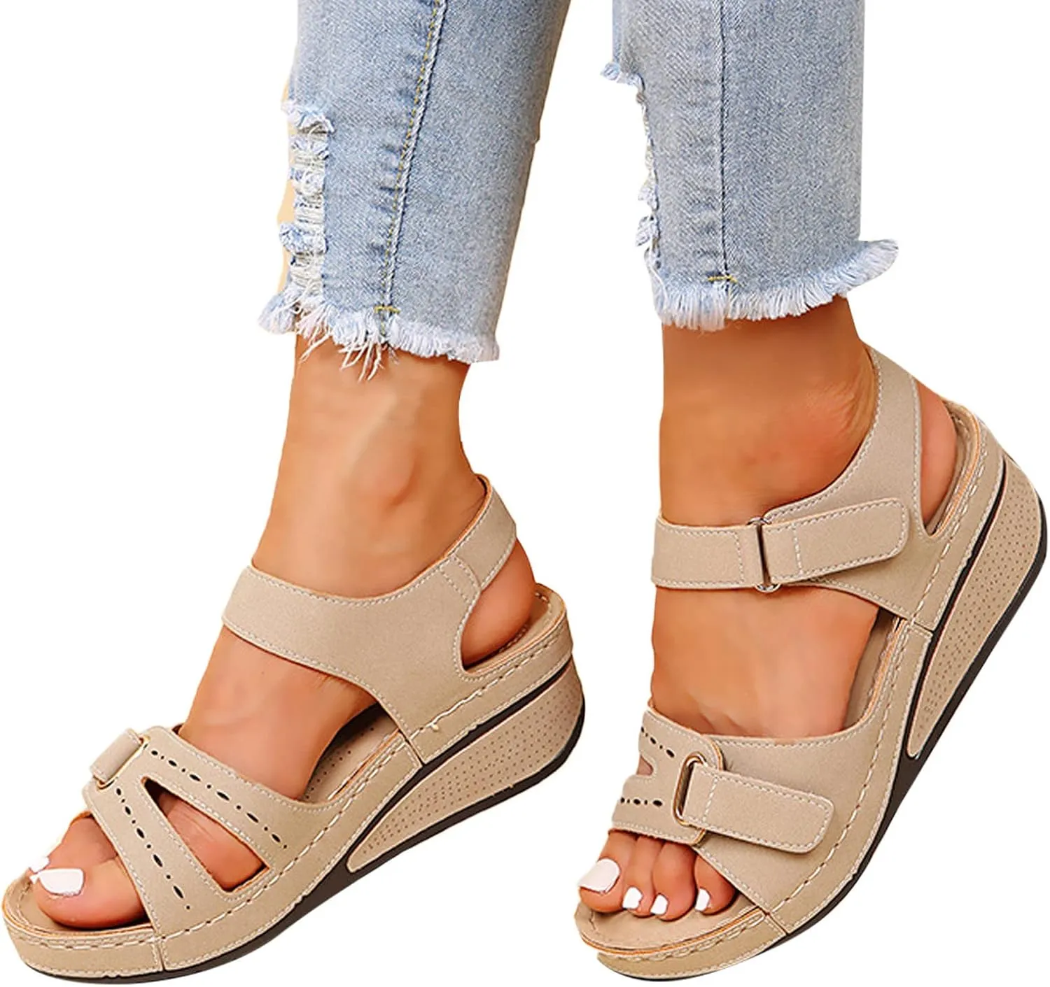 Orthopedic Wedge Sandals for Women 2025 Summer Dressy Open Toe Strap Platform Wedge Sandals Casual Strappy Slip on Sandals Summer Comfortable Outdoor Shoes Beach Boho Vacation