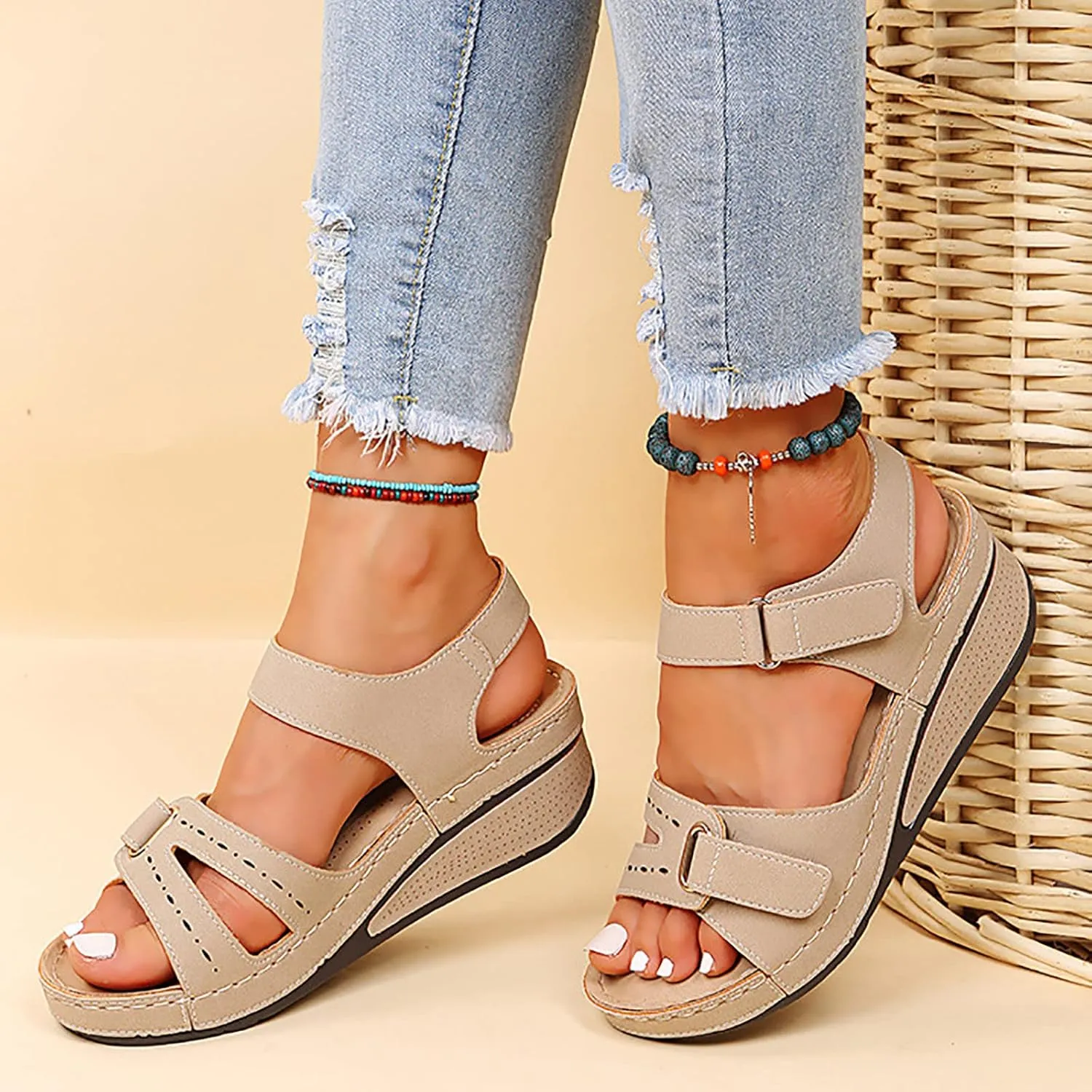 Orthopedic Wedge Sandals for Women 2025 Summer Dressy Open Toe Strap Platform Wedge Sandals Casual Strappy Slip on Sandals Summer Comfortable Outdoor Shoes Beach Boho Vacation