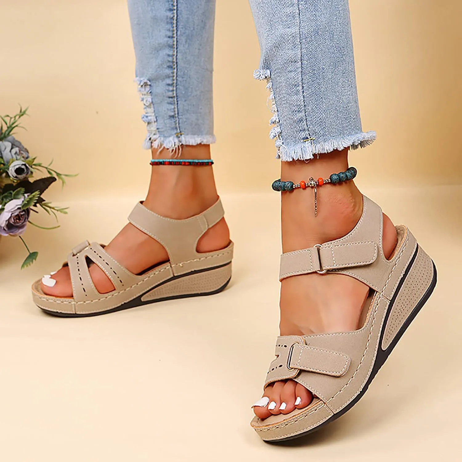Orthopedic Wedge Sandals for Women 2025 Summer Dressy Open Toe Strap Platform Wedge Sandals Casual Strappy Slip on Sandals Summer Comfortable Outdoor Shoes Beach Boho Vacation