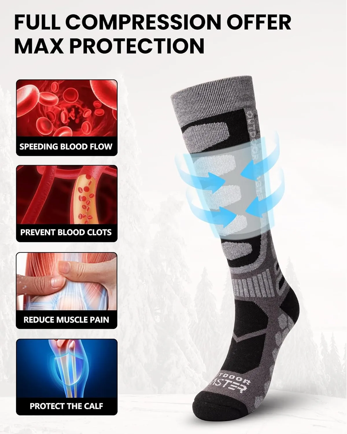OutdoorMaster Merino Wool Ski Socks, 2/3 Pairs Compression Over The Calf for Men & Women, Winter Snowboard Thermal Socks