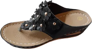 Platform Sandals for Women 2024 Ladies Solid Color Leather Flower Decoration Clip Toe Slope Heel Thick Sole Sandals