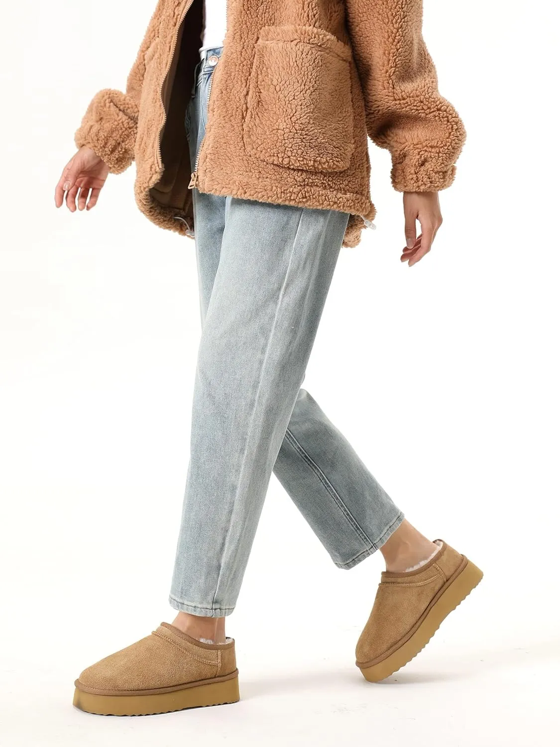 Platform Slippers for Women Genuine Suede Ankle Snow Boots Indoor Outdoor Winter Fur Slip On Mules