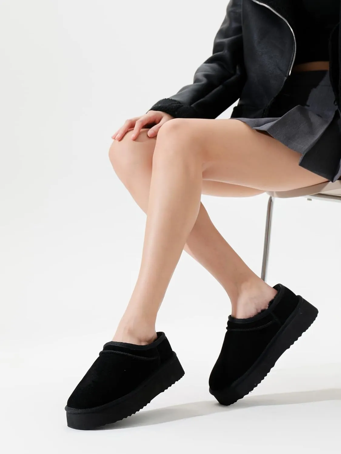 Platform Slippers for Women Genuine Suede Ankle Snow Boots Indoor Outdoor Winter Fur Slip On Mules
