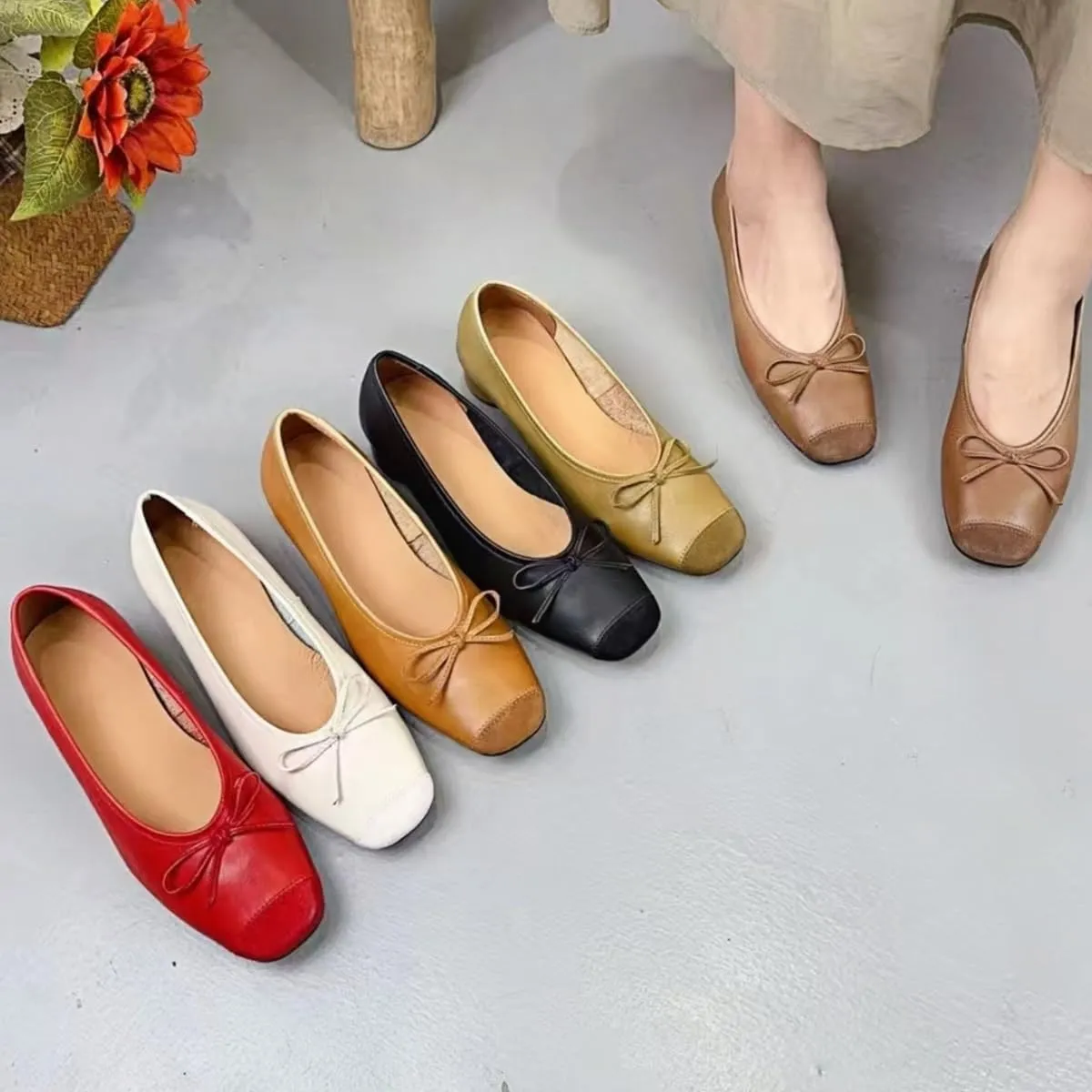 Retro Ballet Flats Shoes for Women Genuine Leather and Suede Patchwork Design Closed-Toe Low-Cut Wedding Casual and Office Work