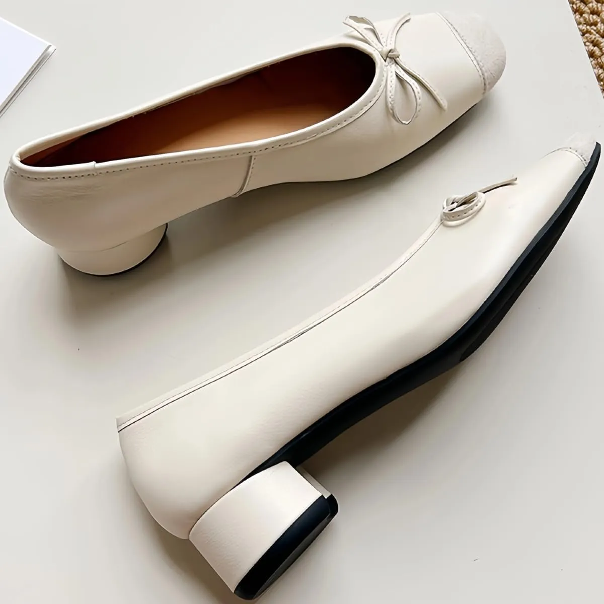 Retro Ballet Flats Shoes for Women Genuine Leather and Suede Patchwork Design Closed-Toe Low-Cut Wedding Casual and Office Work