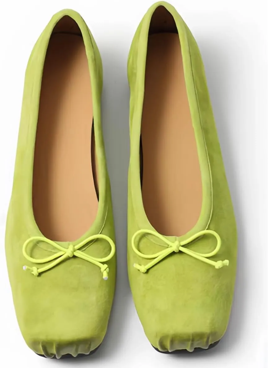 Retro Ballet Flats Shoes for Women with Bow Closed Toe Women's Slip on Pumps Mid Heels Genuine Suede Leather Low-Cut Comfort Daily Casual Weekend