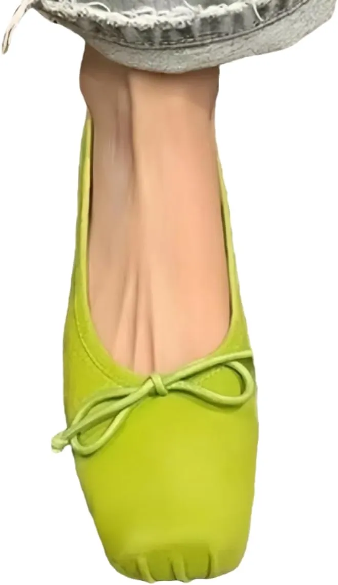Retro Ballet Flats Shoes for Women with Bow Closed Toe Women's Slip on Pumps Mid Heels Genuine Suede Leather Low-Cut Comfort Daily Casual Weekend