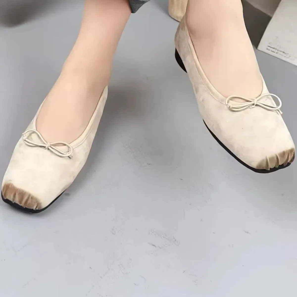 Retro Ballet Flats Shoes for Women with Bow Closed Toe Women's Slip on Pumps Mid Heels Genuine Suede Leather Low-Cut Comfort Daily Casual Weekend