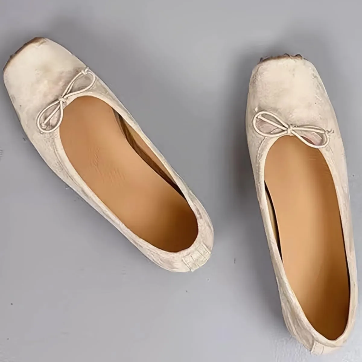 Retro Ballet Flats Shoes for Women with Bow Closed Toe Women's Slip on Pumps Mid Heels Genuine Suede Leather Low-Cut Comfort Daily Casual Weekend