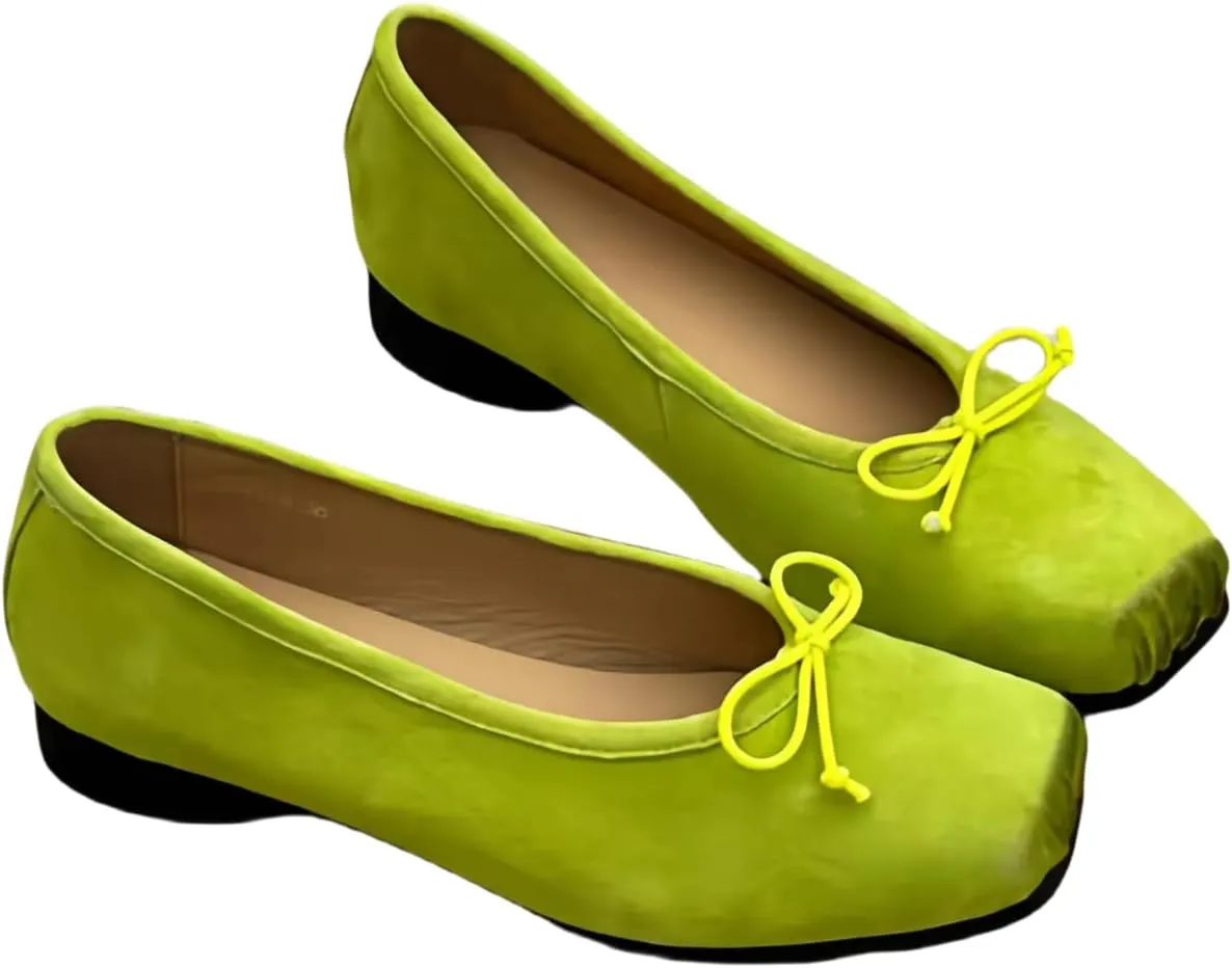 Retro Ballet Flats Shoes for Women with Bow Closed Toe Women's Slip on Pumps Mid Heels Genuine Suede Leather Low-Cut Comfort Daily Casual Weekend