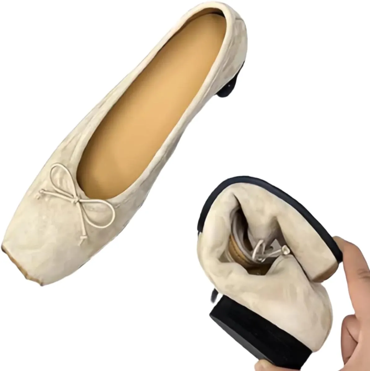 Retro Ballet Flats Shoes for Women with Bow Closed Toe Women's Slip on Pumps Mid Heels Genuine Suede Leather Low-Cut Comfort Daily Casual Weekend