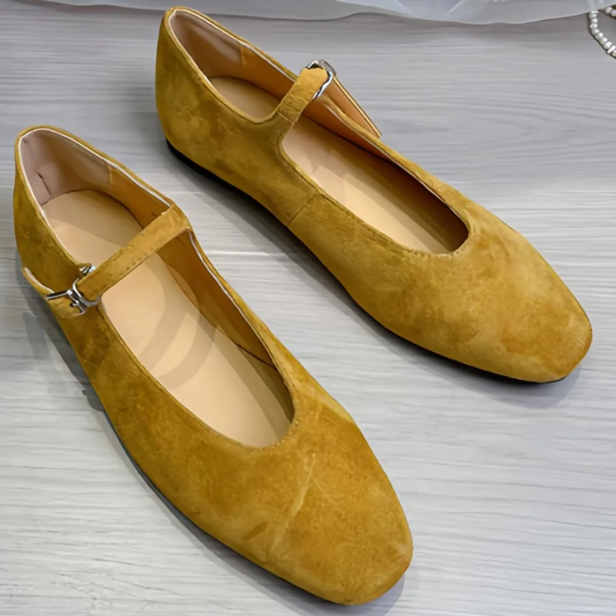 Retro Mary Jane Shoes Women with Single Strap Closed Toe Genuine Suede Leather Low-Cut Ballet Flats Wedding Shoe or Comfort Daily Casual Weekend