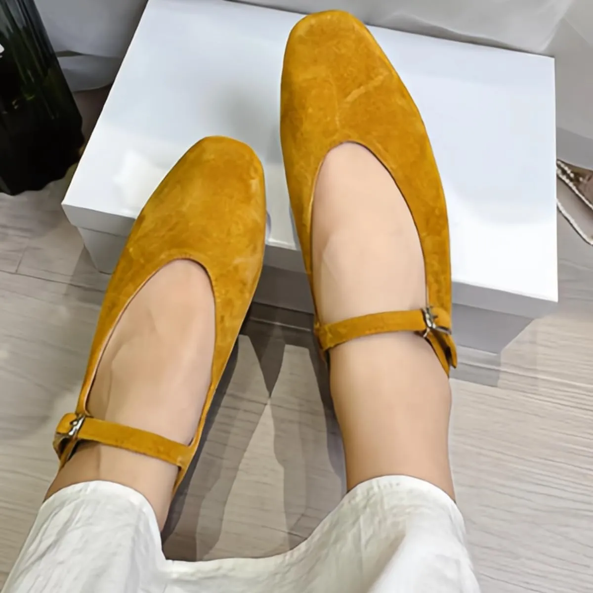 Retro Mary Jane Shoes Women with Single Strap Closed Toe Genuine Suede Leather Low-Cut Ballet Flats Wedding Shoe or Comfort Daily Casual Weekend