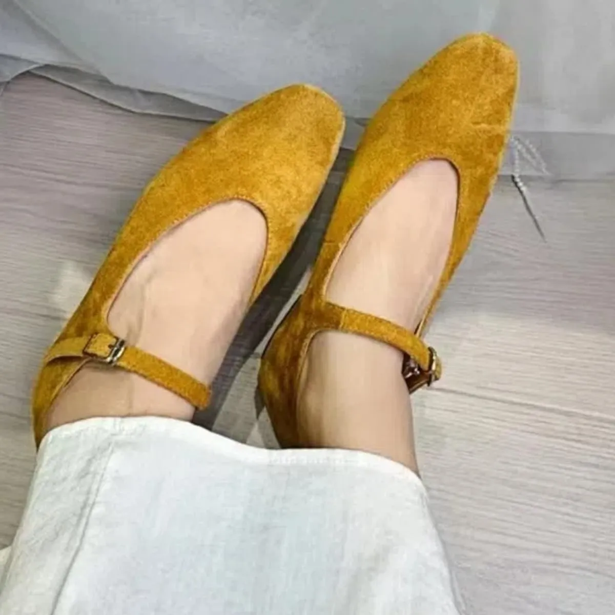 Retro Mary Jane Shoes Women with Single Strap Closed Toe Genuine Suede Leather Low-Cut Ballet Flats Wedding Shoe or Comfort Daily Casual Weekend