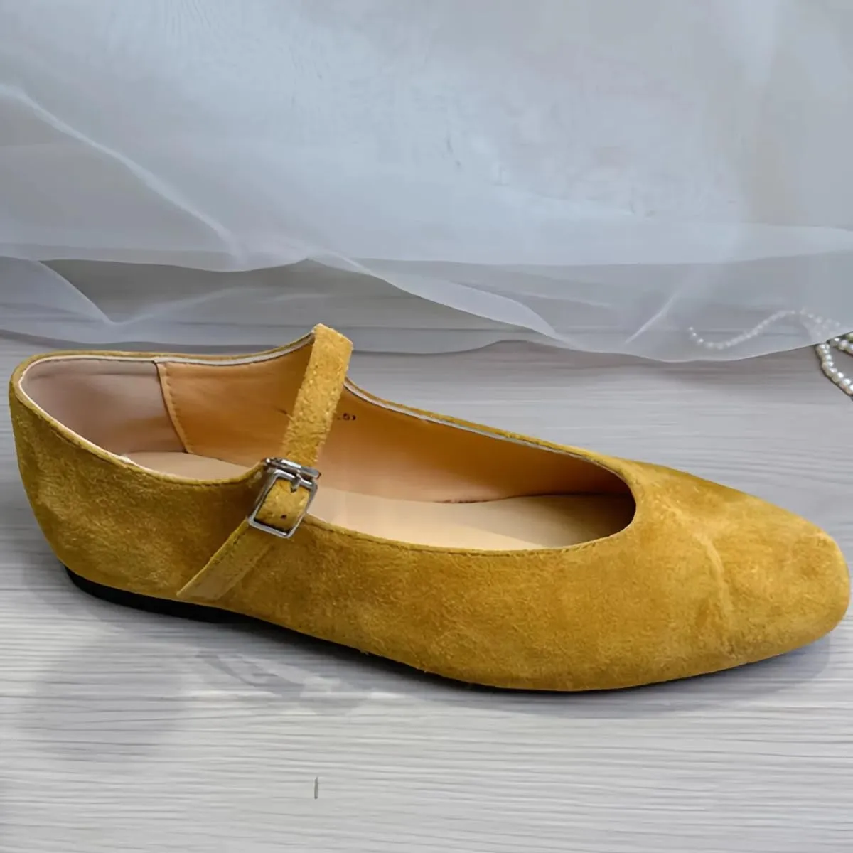 Retro Mary Jane Shoes Women with Single Strap Closed Toe Genuine Suede Leather Low-Cut Ballet Flats Wedding Shoe or Comfort Daily Casual Weekend