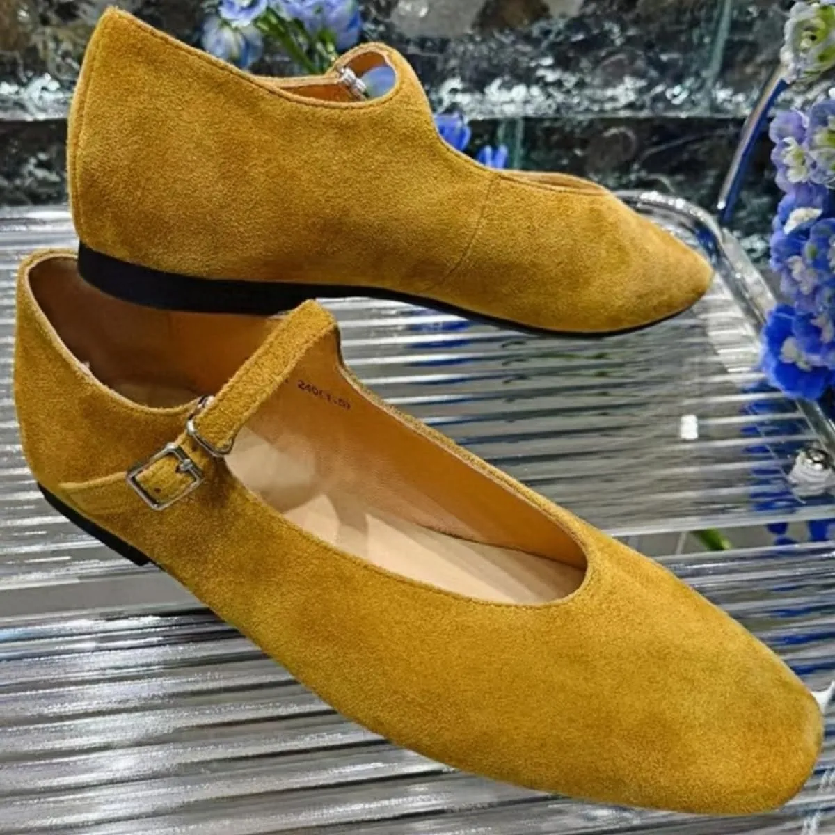 Retro Mary Jane Shoes Women with Single Strap Closed Toe Genuine Suede Leather Low-Cut Ballet Flats Wedding Shoe or Comfort Daily Casual Weekend