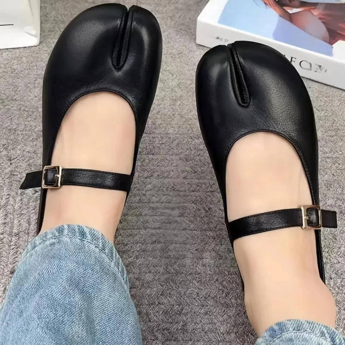 Retro Tabi Ballet Flats Shoes for Women Single-Strap Genuine Leather Mary Jane Flat Closed Split-Toe Low-Cut Soft Upper and Insole Comfort Office Work