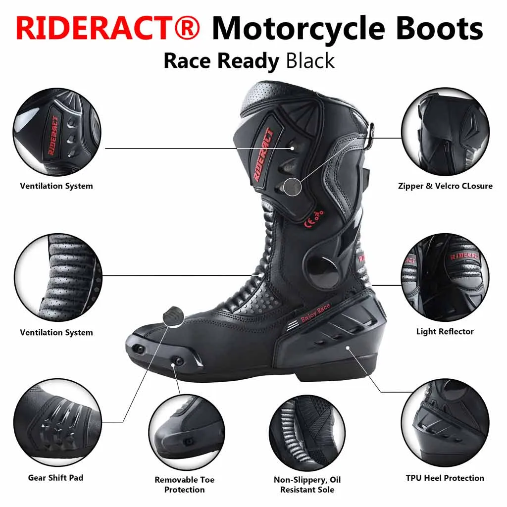 RIDERACT® Men’s Motorcycle Boots Black Road Race Ready
