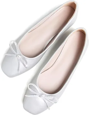 SAILING LU Women PU Leather Square Toe Ballets Flats Bowtie Slip on Comfortable Foldable Ballerian Flat Shoes