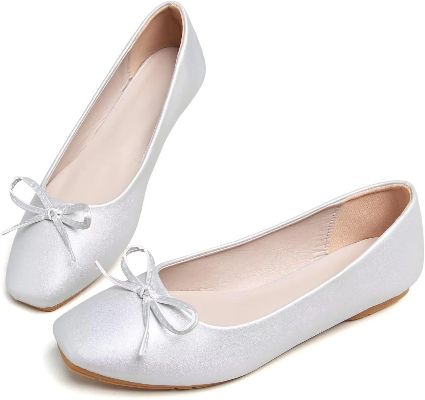 SAILING LU Women PU Leather Square Toe Ballets Flats Bowtie Slip on Comfortable Foldable Ballerian Flat Shoes