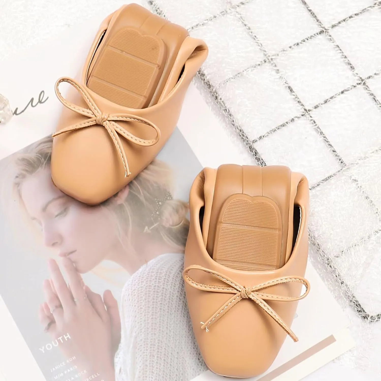 SAILING LU Women PU Leather Square Toe Ballets Flats Bowtie Slip on Comfortable Foldable Ballerian Flat Shoes