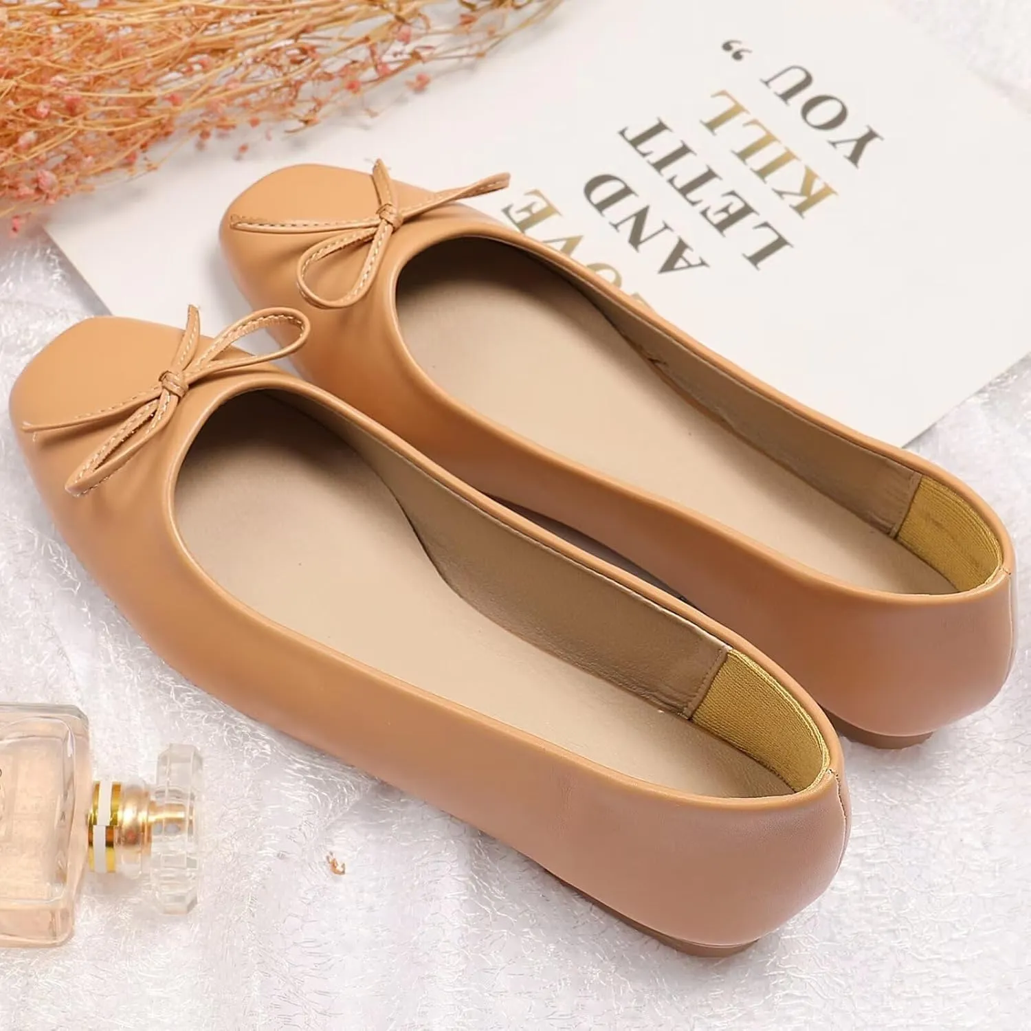 SAILING LU Women PU Leather Square Toe Ballets Flats Bowtie Slip on Comfortable Foldable Ballerian Flat Shoes