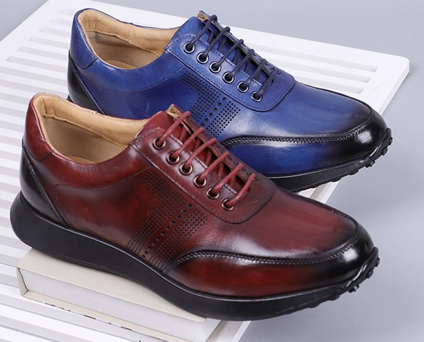 Santimon Men's Casual Sneakers Premium Leather Lace-Up Oxfords, Breathable Walking Shoes for Men, Comfortable Slip-Resistant Lightweight for Office, Travel, Everyday Wear