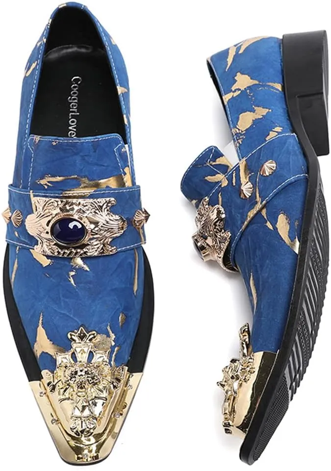 Santimon Mens Dress Suede Leather Metal Crown Tip Loafers Multicolor Strap Gold Crystals Bead Dance Party Wedding Shoes