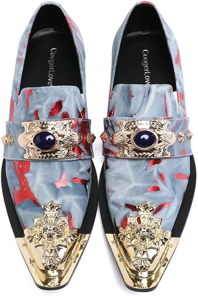 Santimon Mens Dress Suede Leather Metal Crown Tip Loafers Multicolor Strap Gold Crystals Bead Dance Party Wedding Shoes