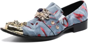 Santimon Mens Dress Suede Leather Metal Crown Tip Loafers Multicolor Strap Gold Crystals Bead Dance Party Wedding Shoes