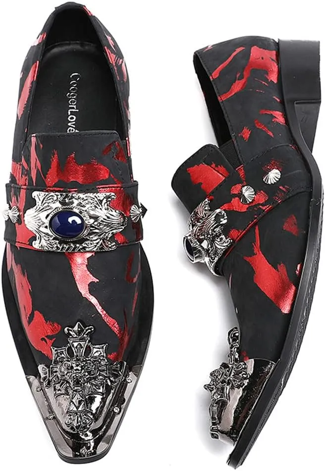 Santimon Mens Dress Suede Leather Metal Crown Tip Loafers Multicolor Strap Gold Crystals Bead Dance Party Wedding Shoes