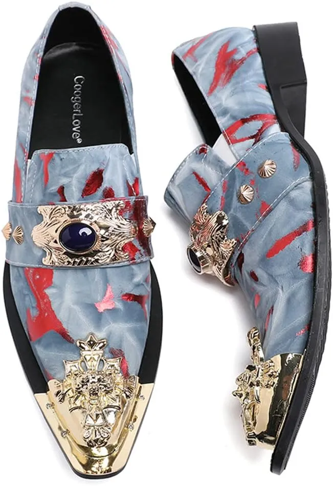 Santimon Mens Dress Suede Leather Metal Crown Tip Loafers Multicolor Strap Gold Crystals Bead Dance Party Wedding Shoes