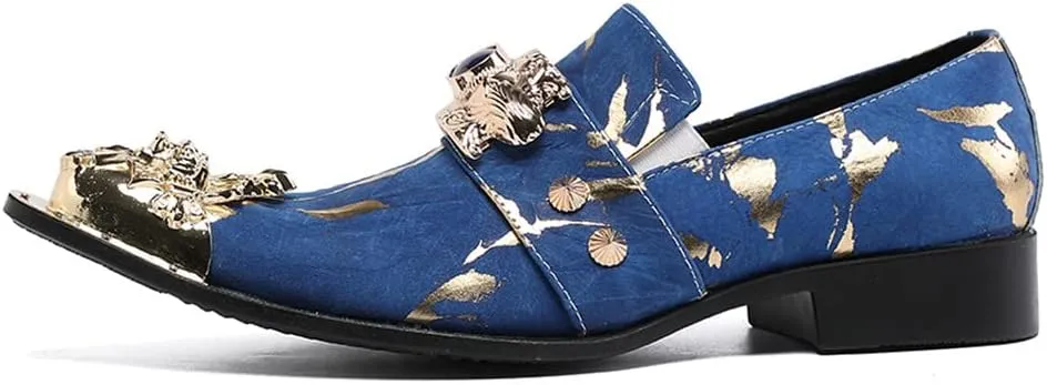 Santimon Mens Dress Suede Leather Metal Crown Tip Loafers Multicolor Strap Gold Crystals Bead Dance Party Wedding Shoes