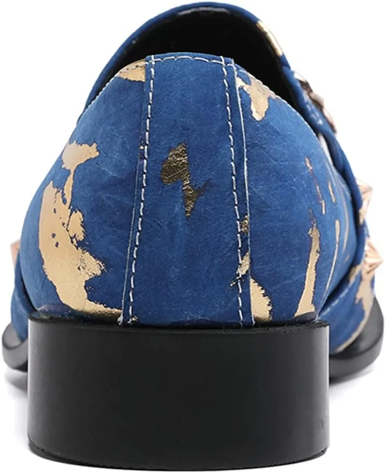 Santimon Mens Dress Suede Leather Metal Crown Tip Loafers Multicolor Strap Gold Crystals Bead Dance Party Wedding Shoes
