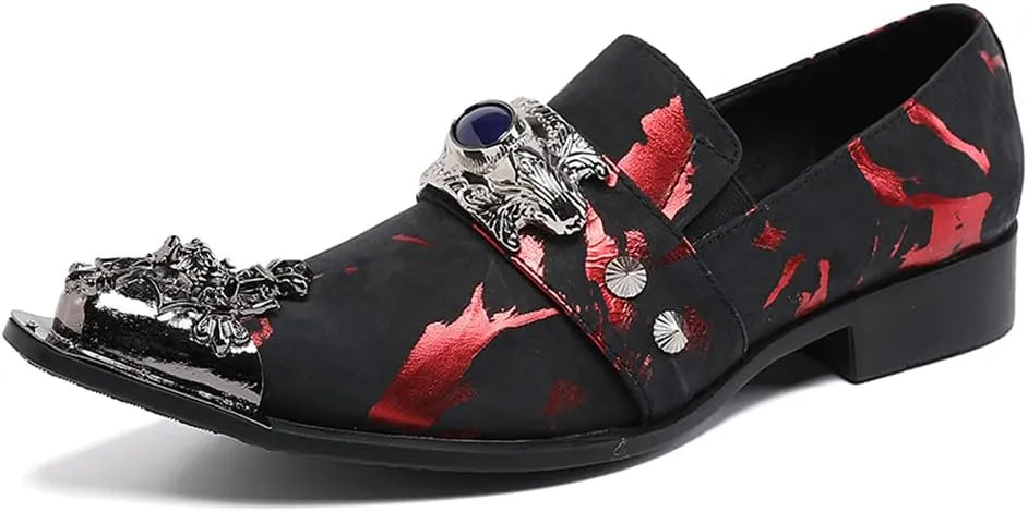 Santimon Mens Dress Suede Leather Metal Crown Tip Loafers Multicolor Strap Gold Crystals Bead Dance Party Wedding Shoes