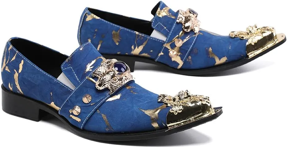 Santimon Mens Dress Suede Leather Metal Crown Tip Loafers Multicolor Strap Gold Crystals Bead Dance Party Wedding Shoes