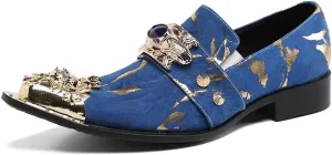 Santimon Mens Dress Suede Leather Metal Crown Tip Loafers Multicolor Strap Gold Crystals Bead Dance Party Wedding Shoes