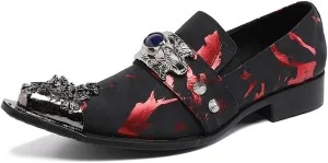 Santimon Mens Dress Suede Leather Metal Crown Tip Loafers Multicolor Strap Gold Crystals Bead Dance Party Wedding Shoes