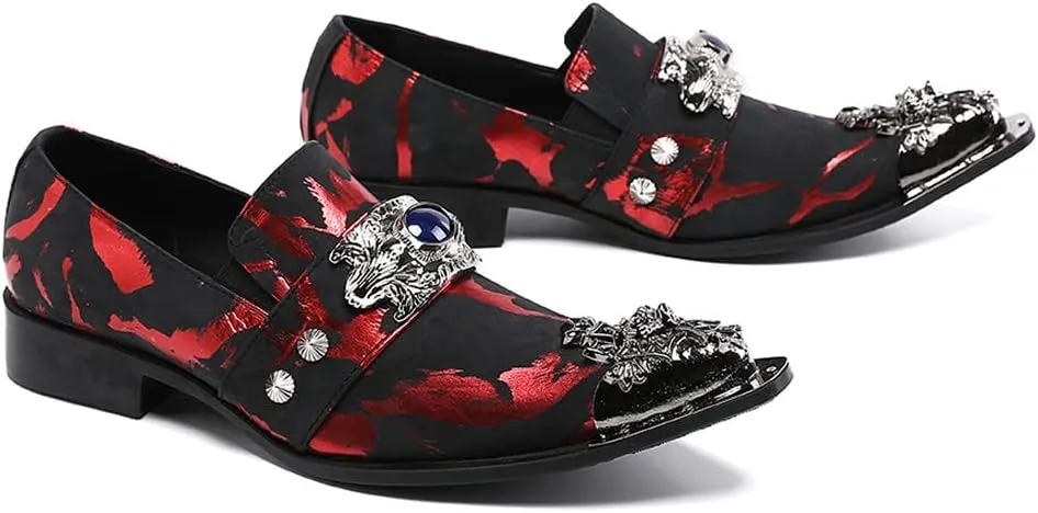 Santimon Mens Dress Suede Leather Metal Crown Tip Loafers Multicolor Strap Gold Crystals Bead Dance Party Wedding Shoes