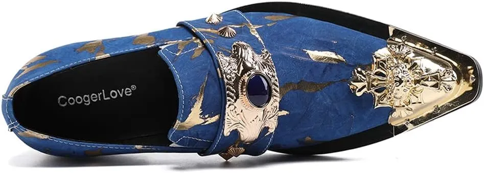 Santimon Mens Dress Suede Leather Metal Crown Tip Loafers Multicolor Strap Gold Crystals Bead Dance Party Wedding Shoes