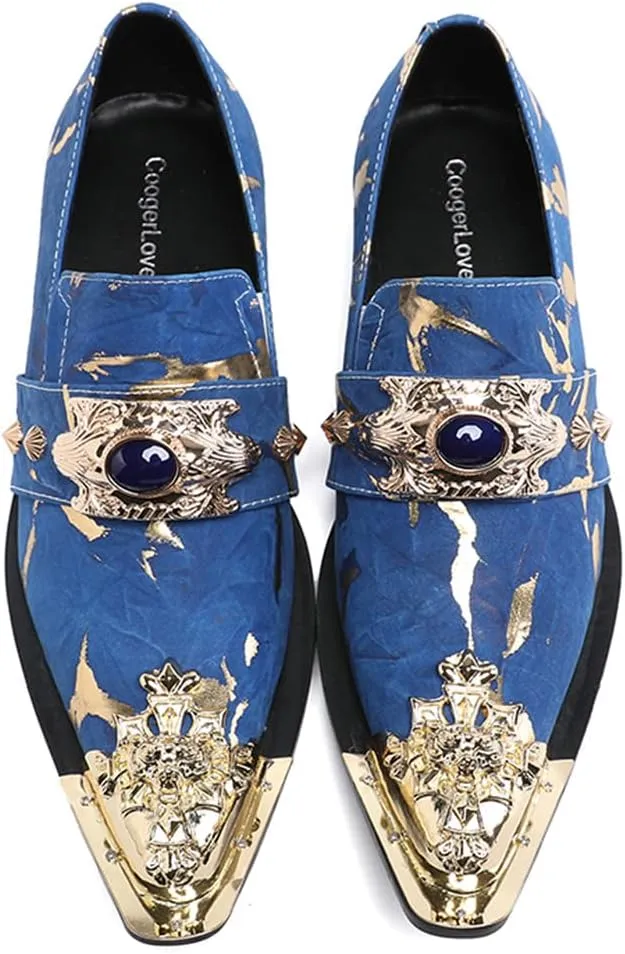 Santimon Mens Dress Suede Leather Metal Crown Tip Loafers Multicolor Strap Gold Crystals Bead Dance Party Wedding Shoes