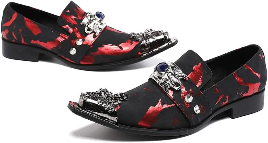 Santimon Mens Dress Suede Leather Metal Crown Tip Loafers Multicolor Strap Gold Crystals Bead Dance Party Wedding Shoes